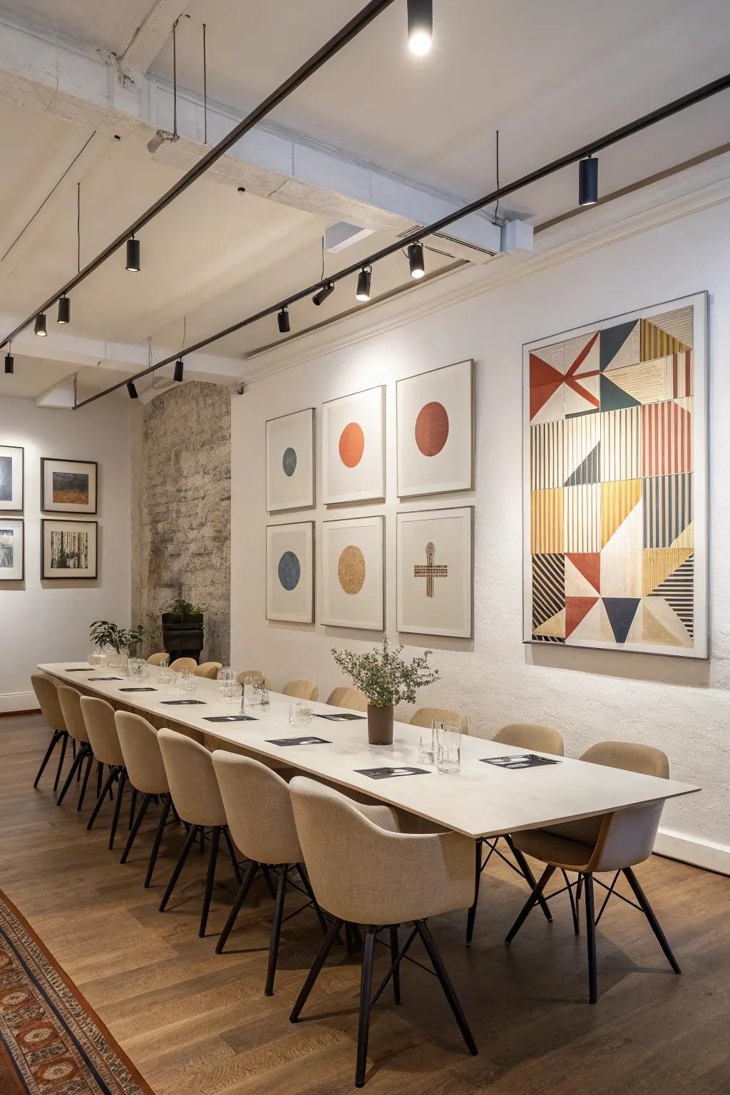 Artwork and decorations contribute character and coziness to the conference room.