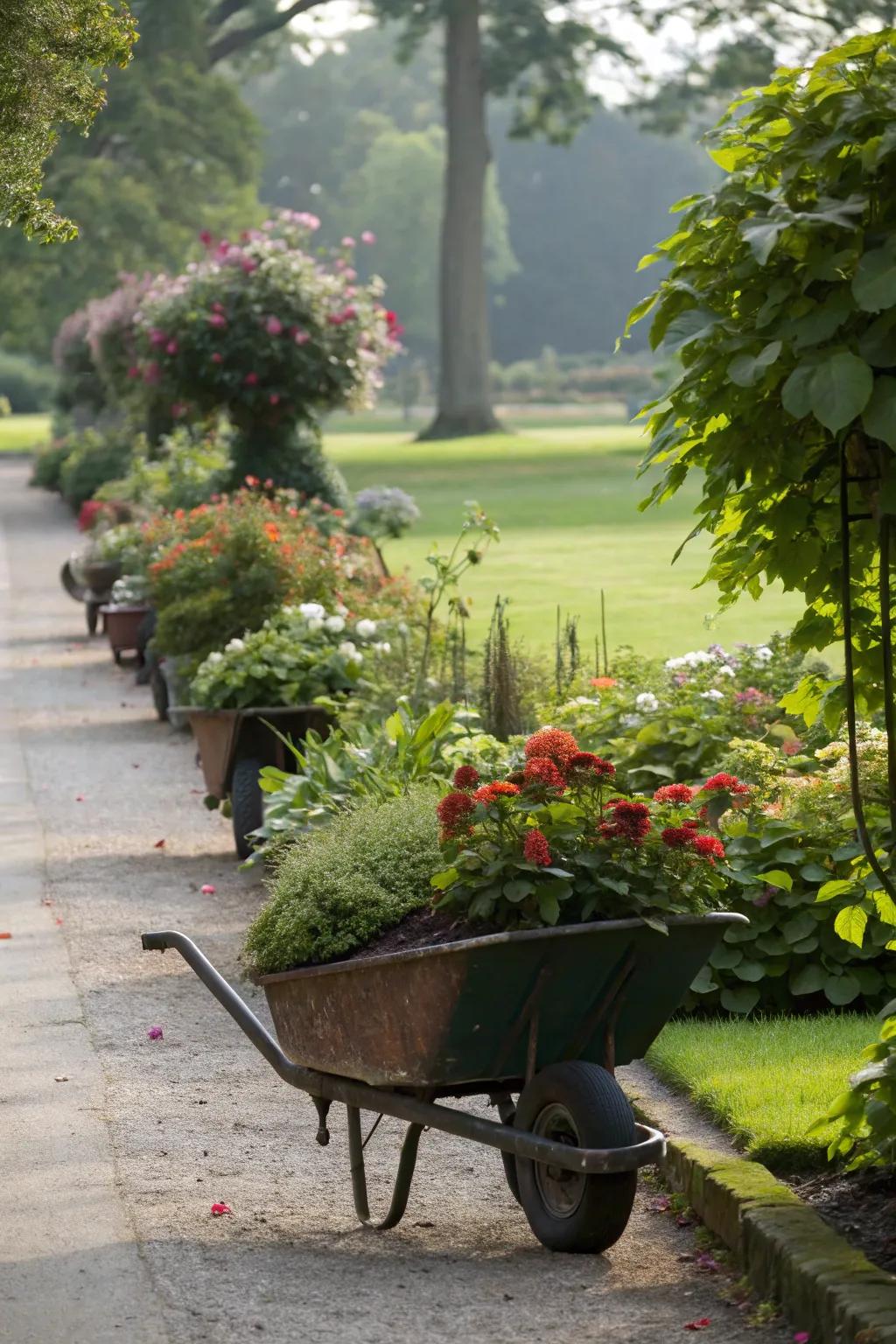 Transportable garden setup featuring containers on wheels.