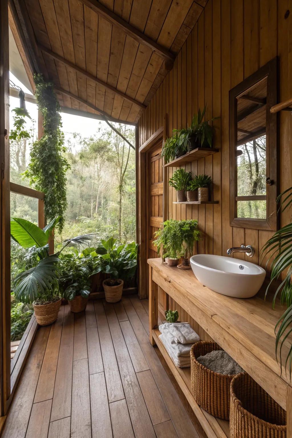 Bathroom featuring natural elements such as wood and plants.