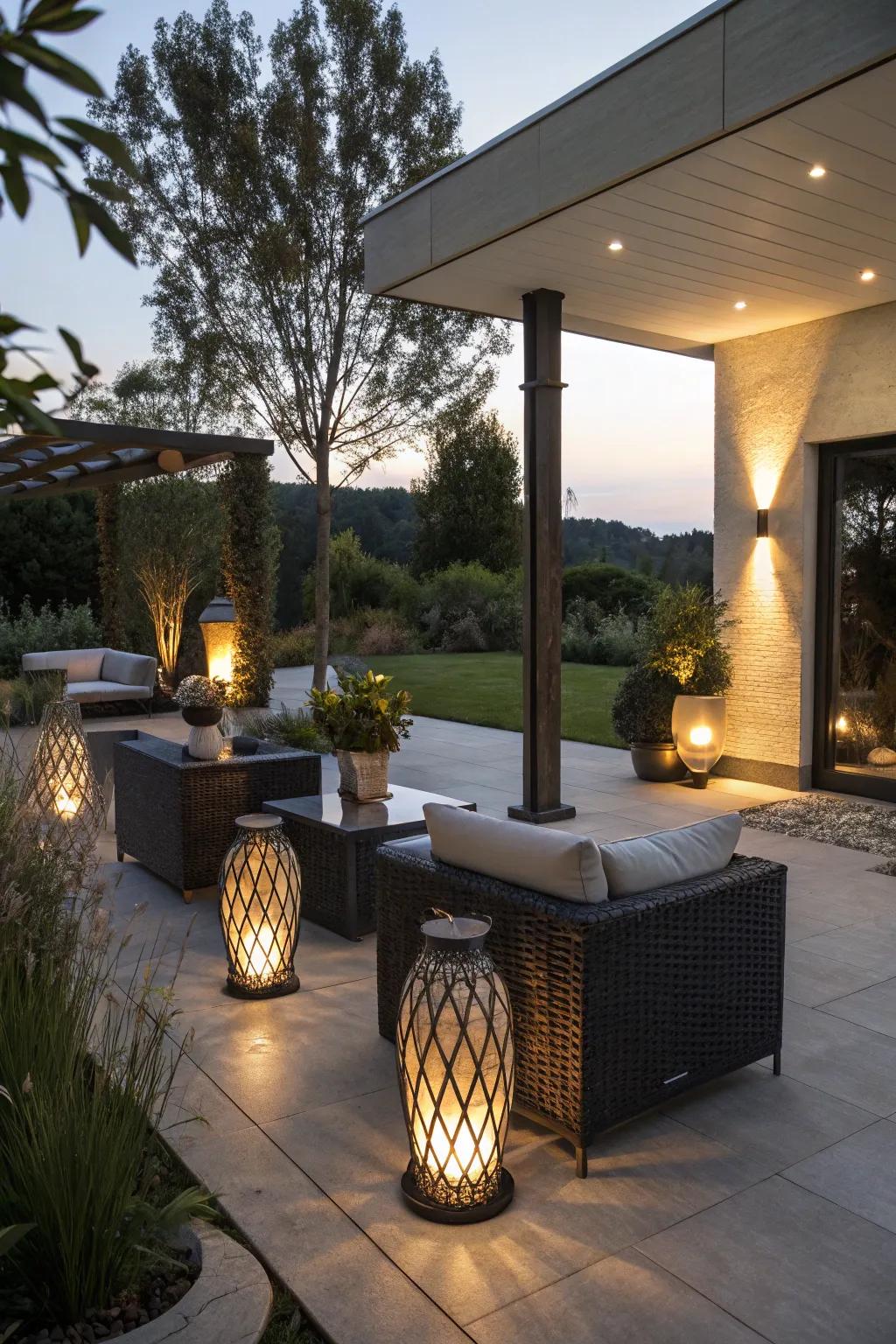Creative lighting crafting a cozy and inviting patio ambiance.