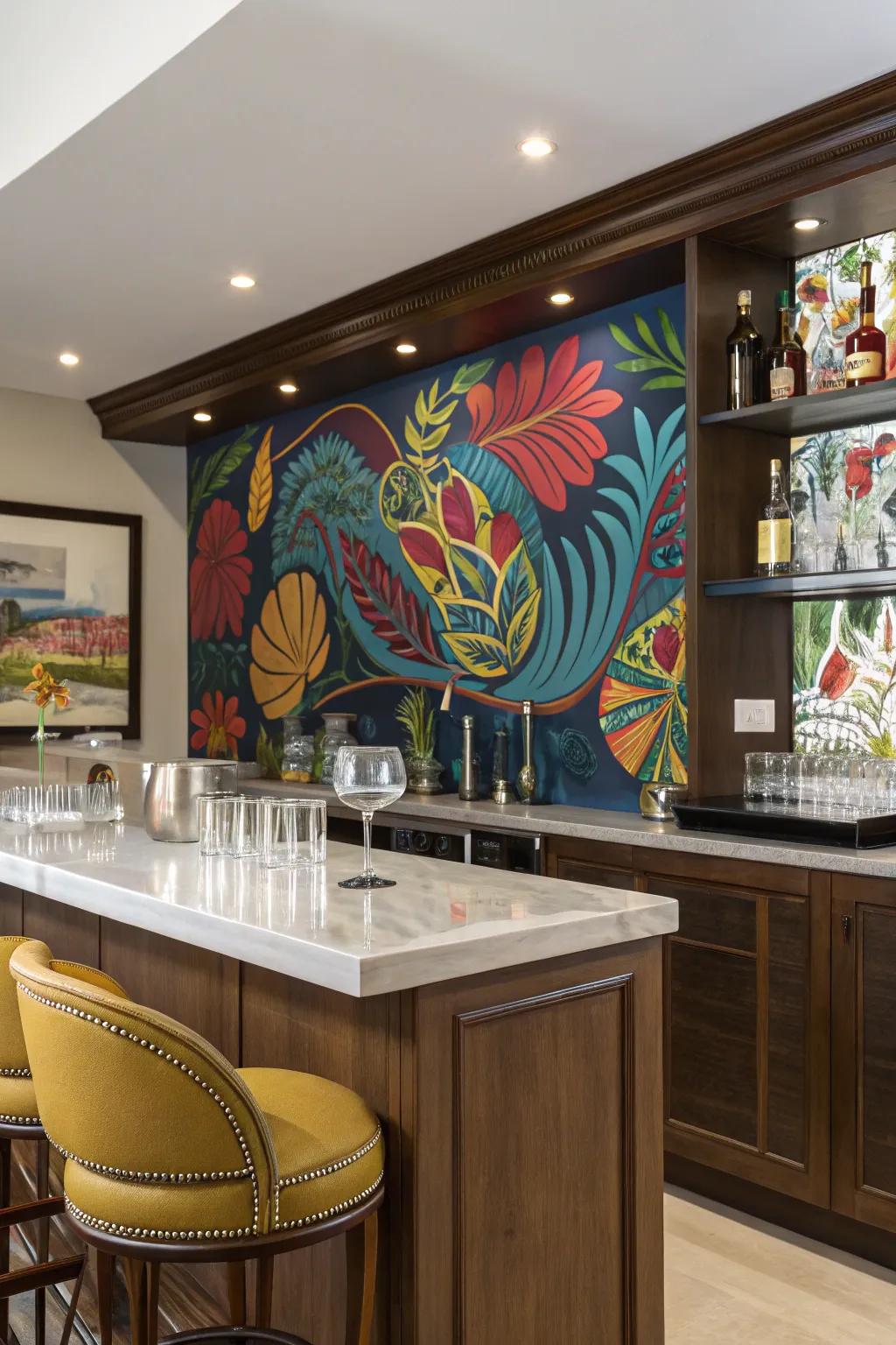 Create an impactful statement with an artful bar backdrop.