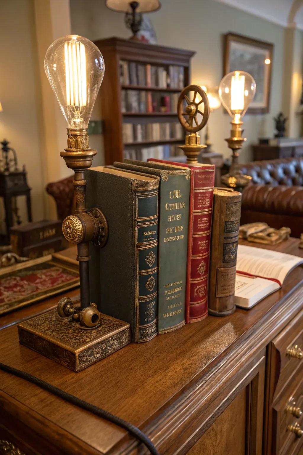 Clockwork lamp bookends for a cozy, vintage touch