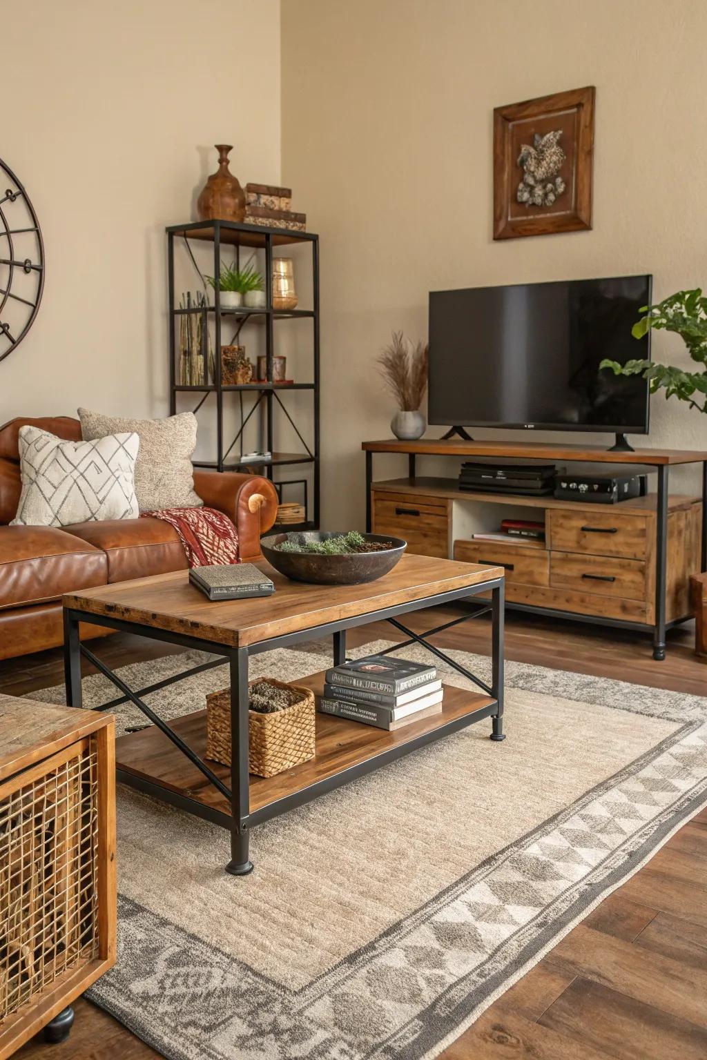 This living room achieves depth and warmth through an assortment of patterns and materials.