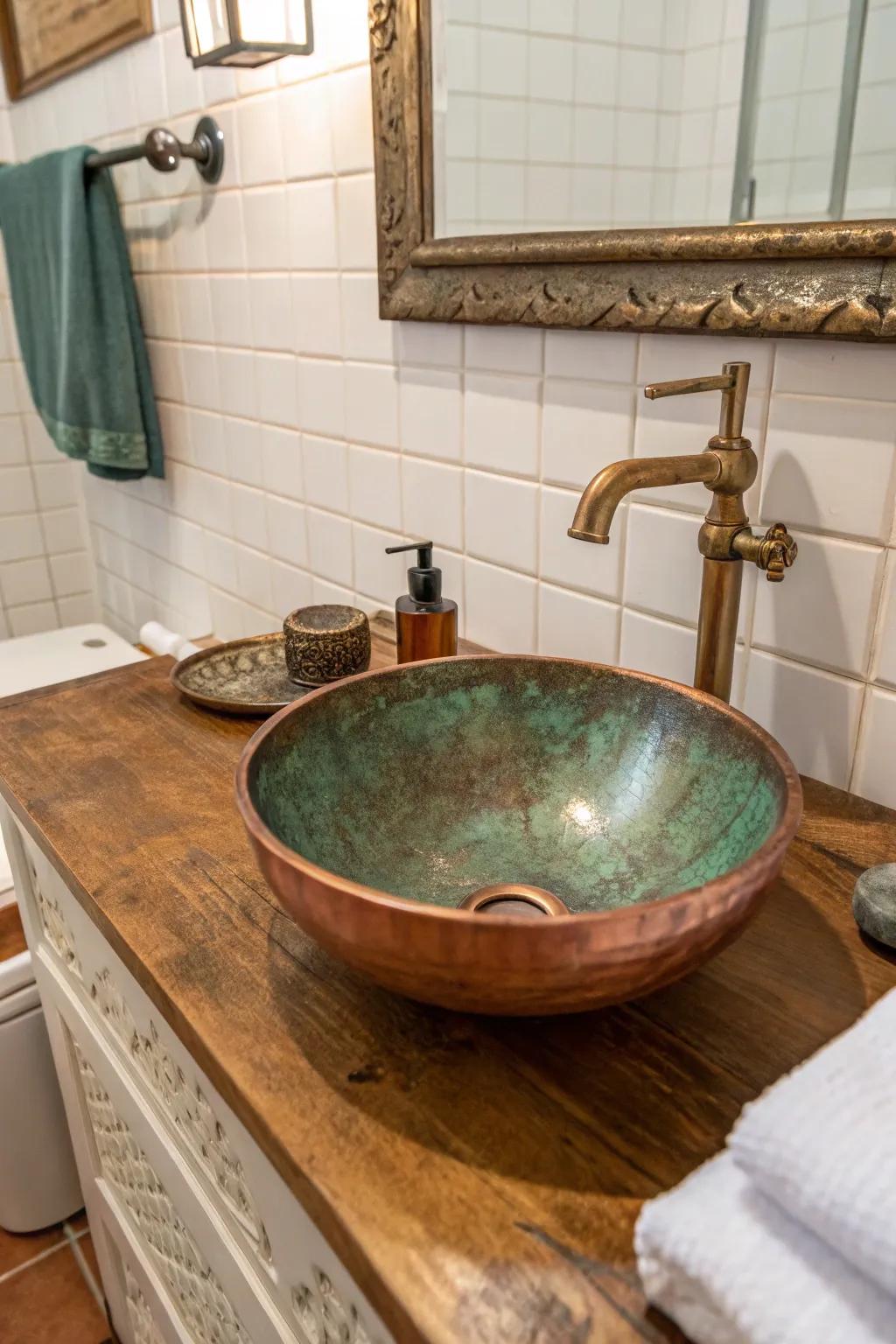 This copper sink shows off its natural patina, adding richness to the bathroom's design.