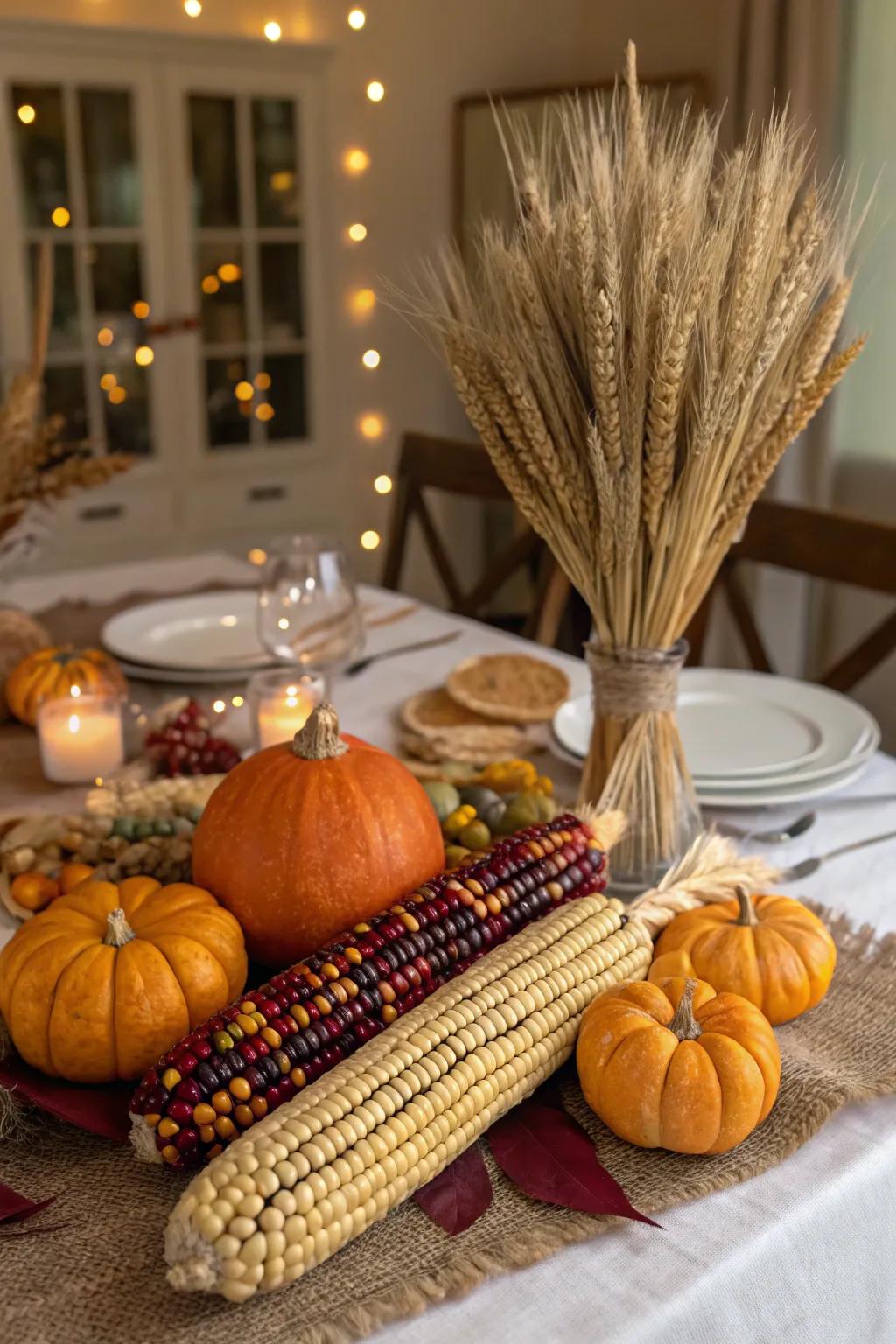 Thanksgiving harvest presentation featuring field maize and cucurbits.