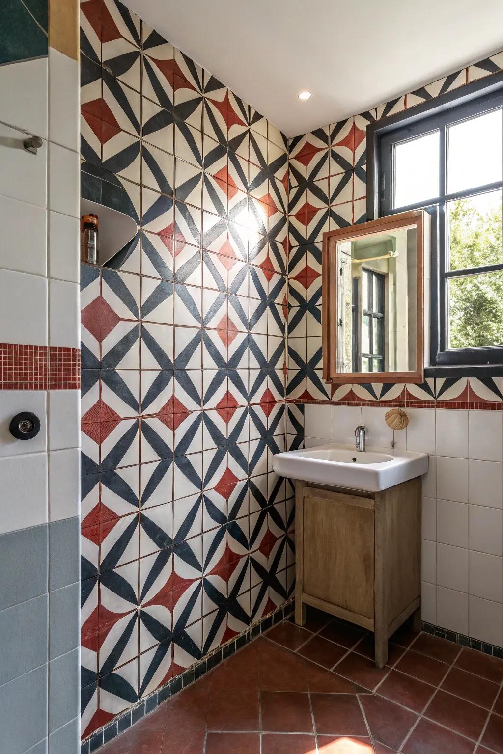 Creative tile designs impart character to bathroom corners.