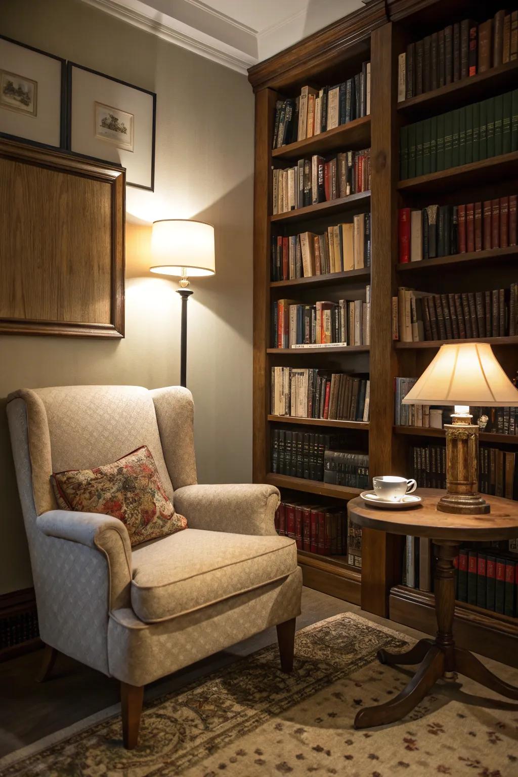 A reading nook delivers a serene hideaway.