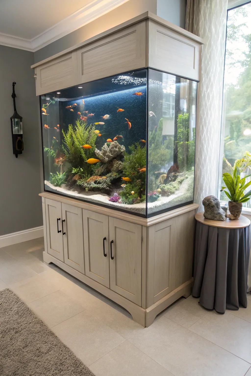 Bespoke furniture integration with a corner fish haven delivers practical storage solutions.