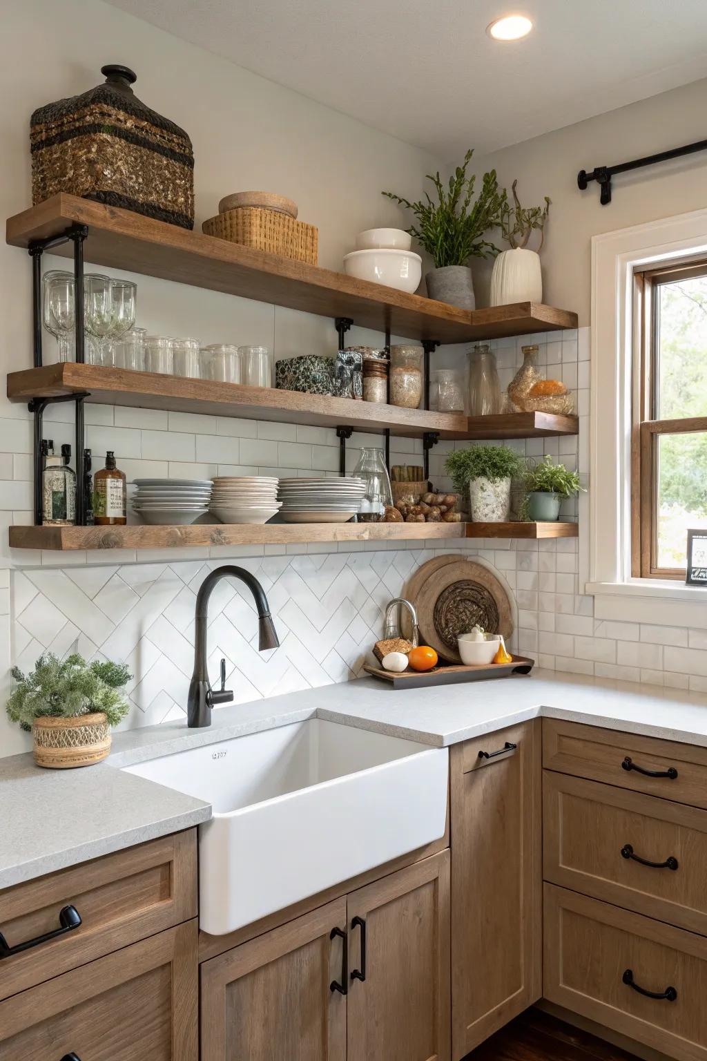 Open shelving above the basin can add style and practicality to your kitchen.