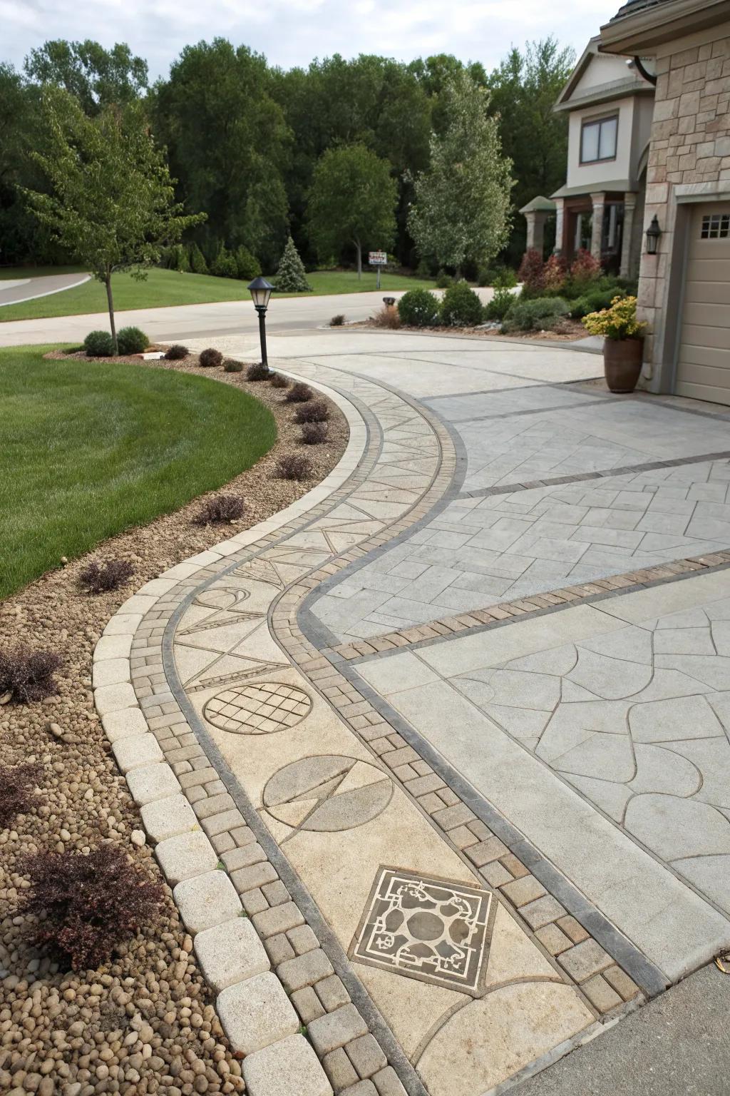Creative stone and cement patterns enhancing driveway appeal.