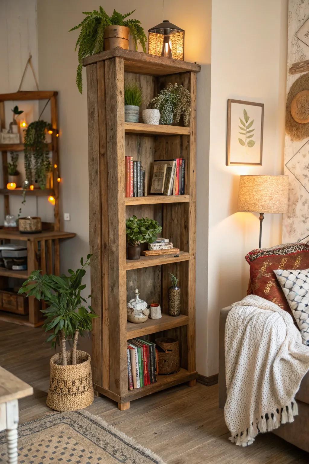 Rustic corner shelves made from reclaimed wood in a cozy room.