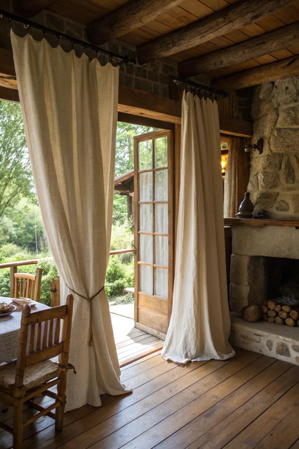 Wooden pieces complement the countryside charm of cottage curtains.