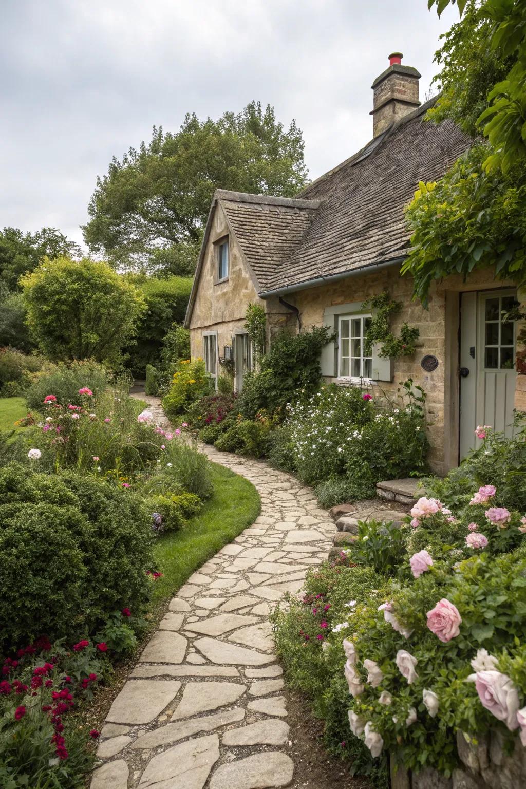 Stone walkways direct visitors through a charming garden to the cottage.