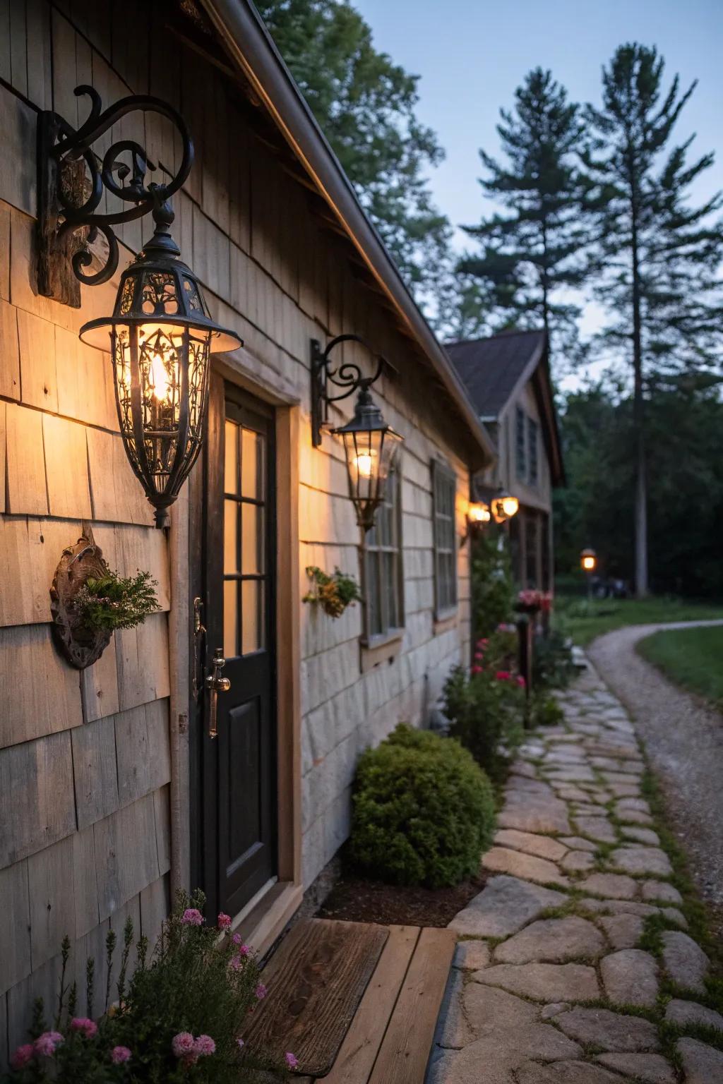 Country lamps adding charm to a cottage exterior.