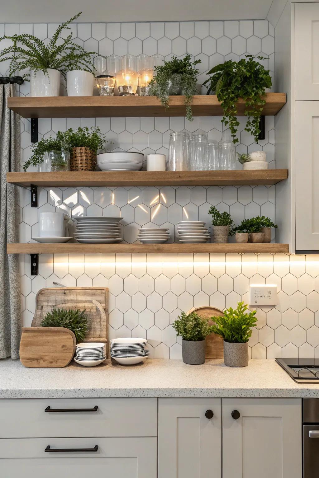 Integrated shelving combines style with usefulness in kitchen layouts.