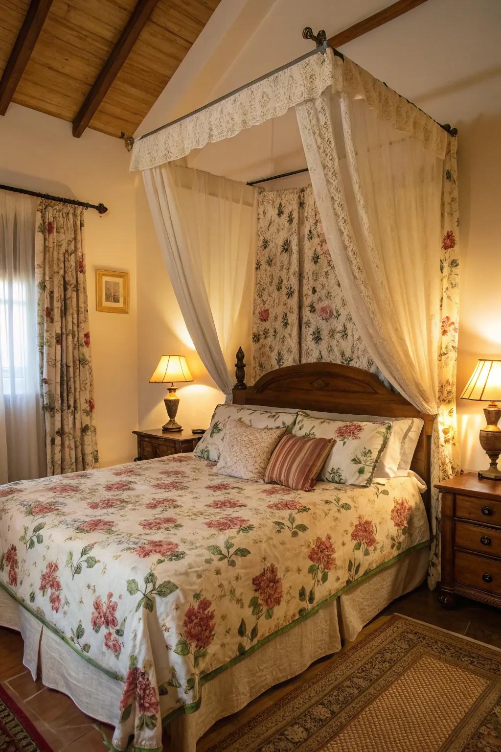 Flower-themed patterns bring a hint of the garden inside the bedroom.