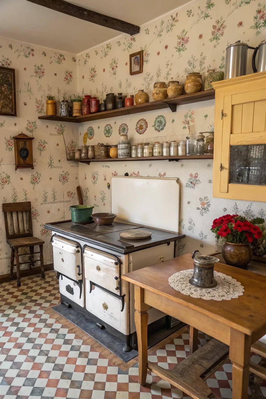 Traditional appliances add nostalgic charm to modern cooking areas.