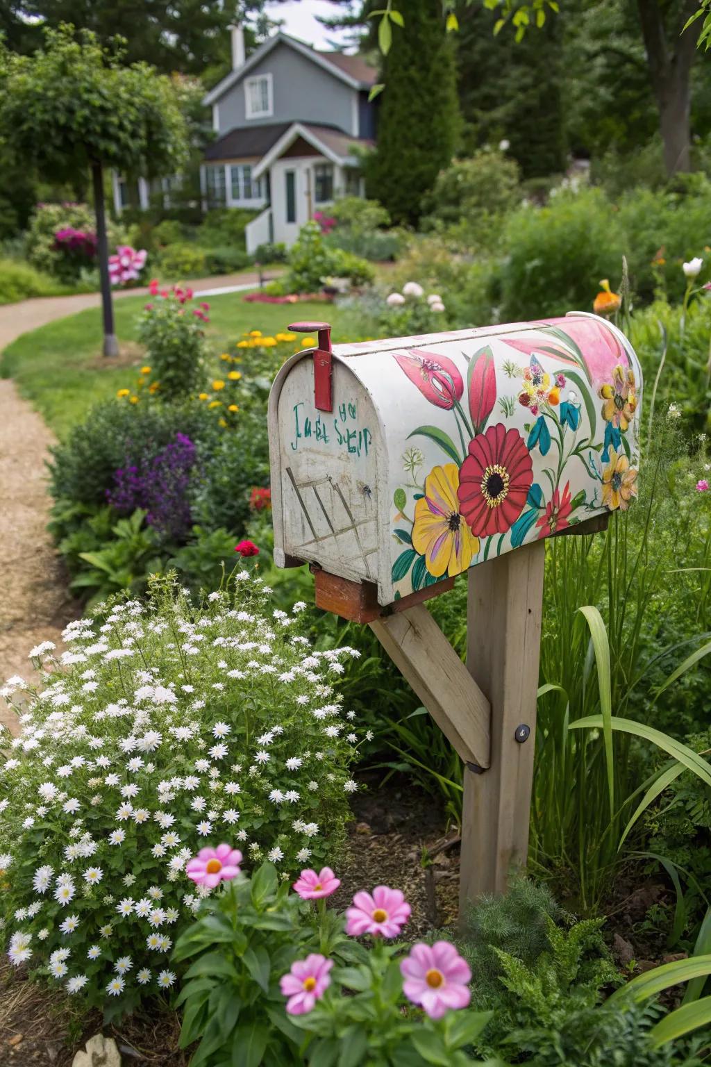 Floral artwork transforms a simple mailbox into a cheerful greeting.