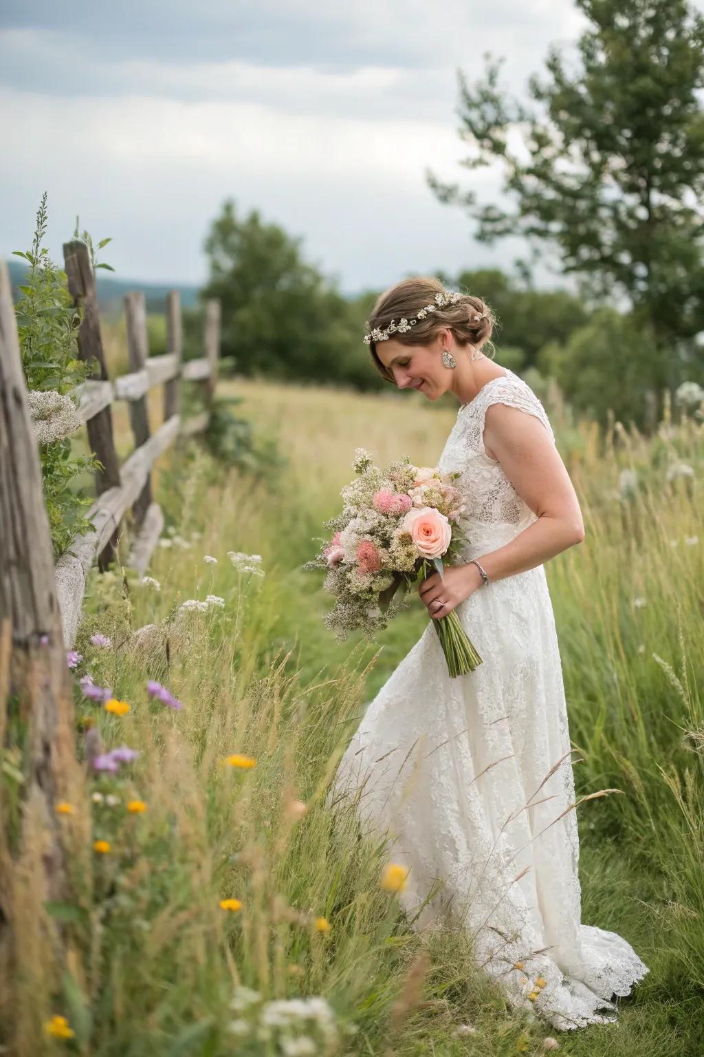A bride appearing radiant in an easygoing lace wedding gown positioned against a countryside setting.