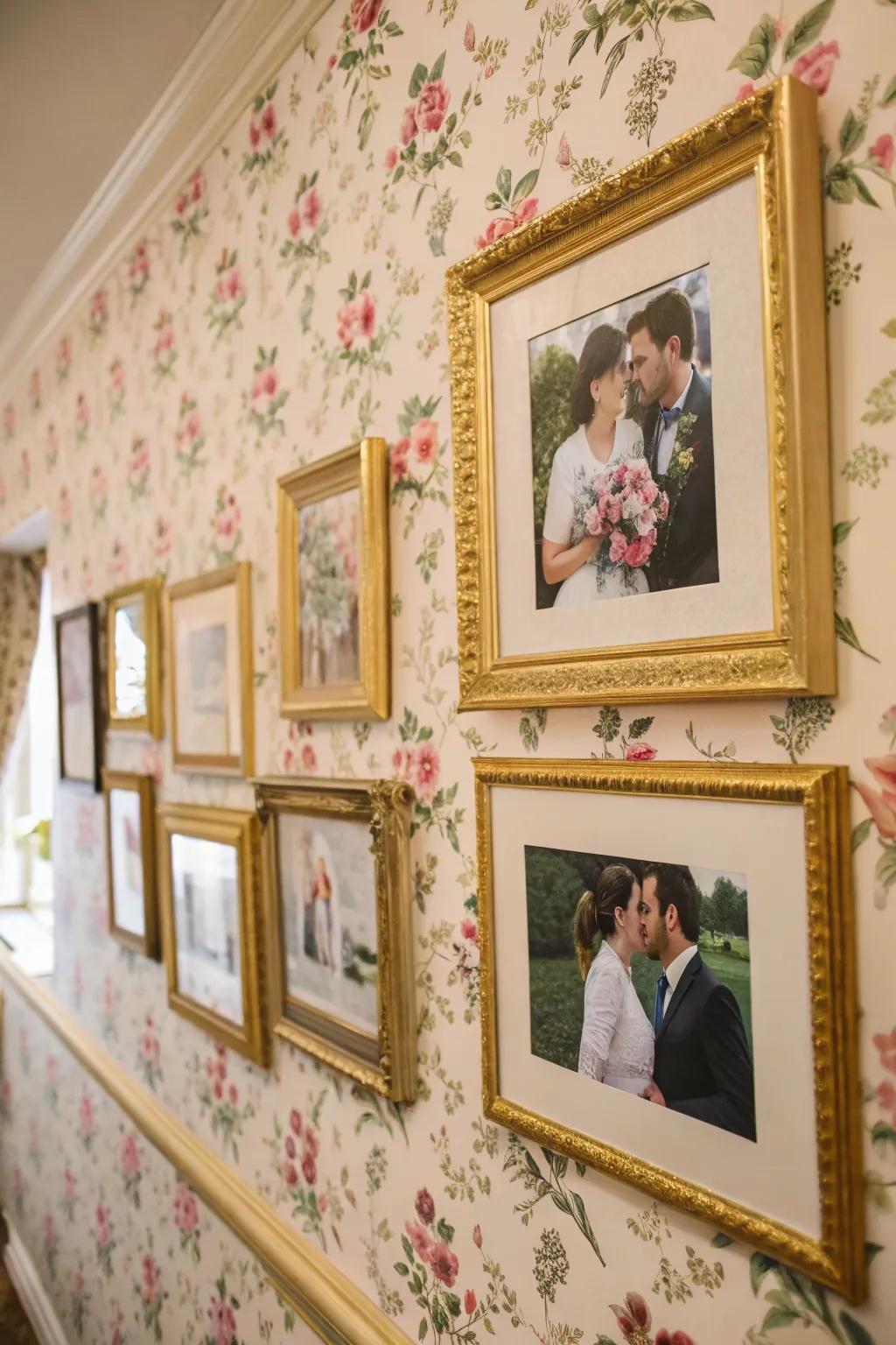 Botanical features add a touch of sophistication and warmth to photo walls.