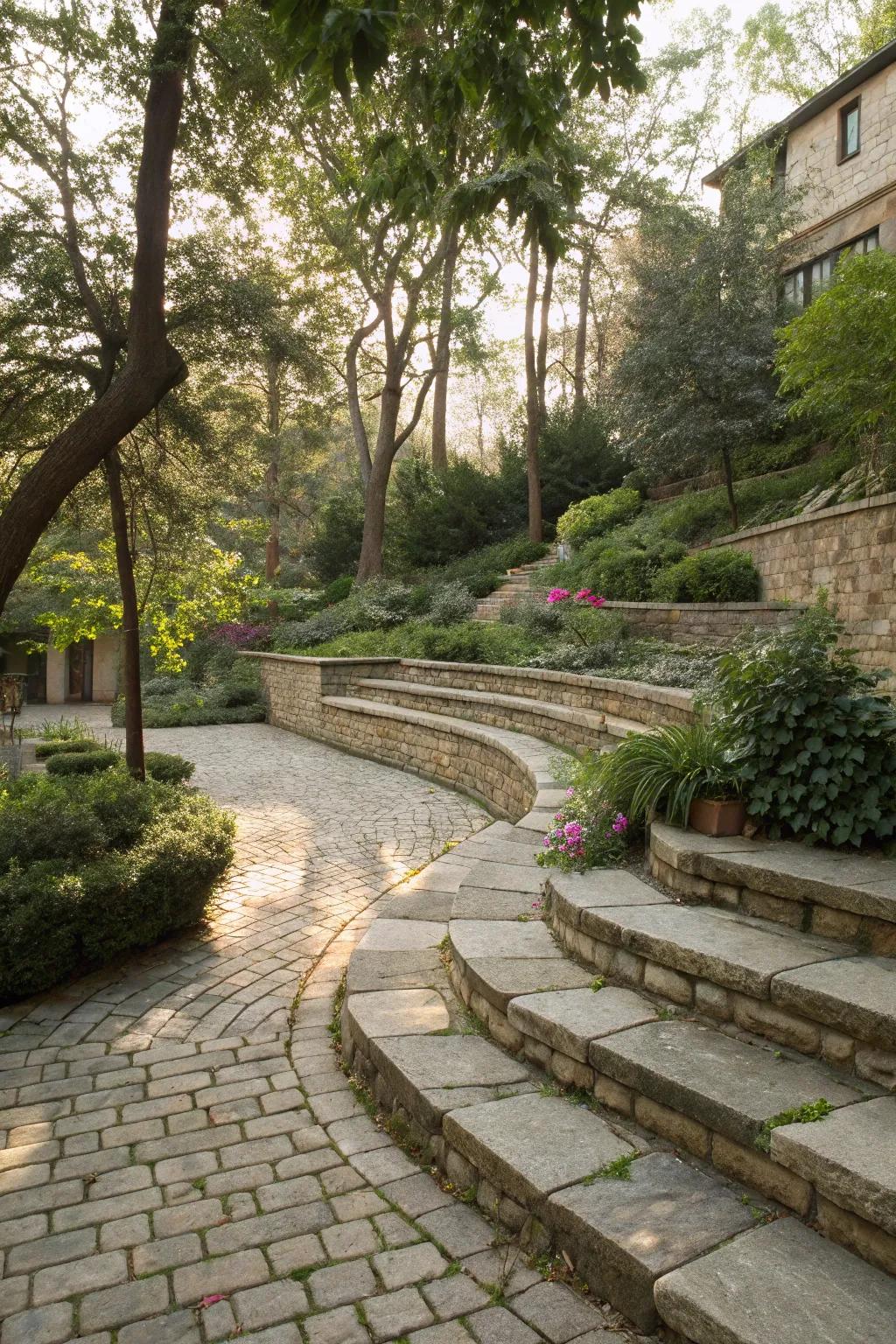 Infuse your courtyard with enhanced depth by employing tiered layers of hardscaping.