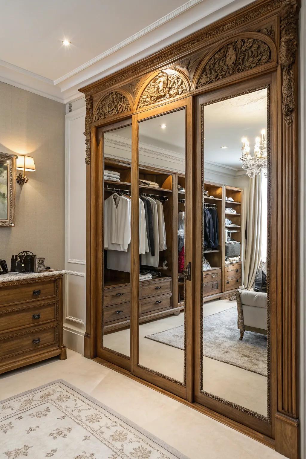 Frames add a traditional touch to mirrored doors.