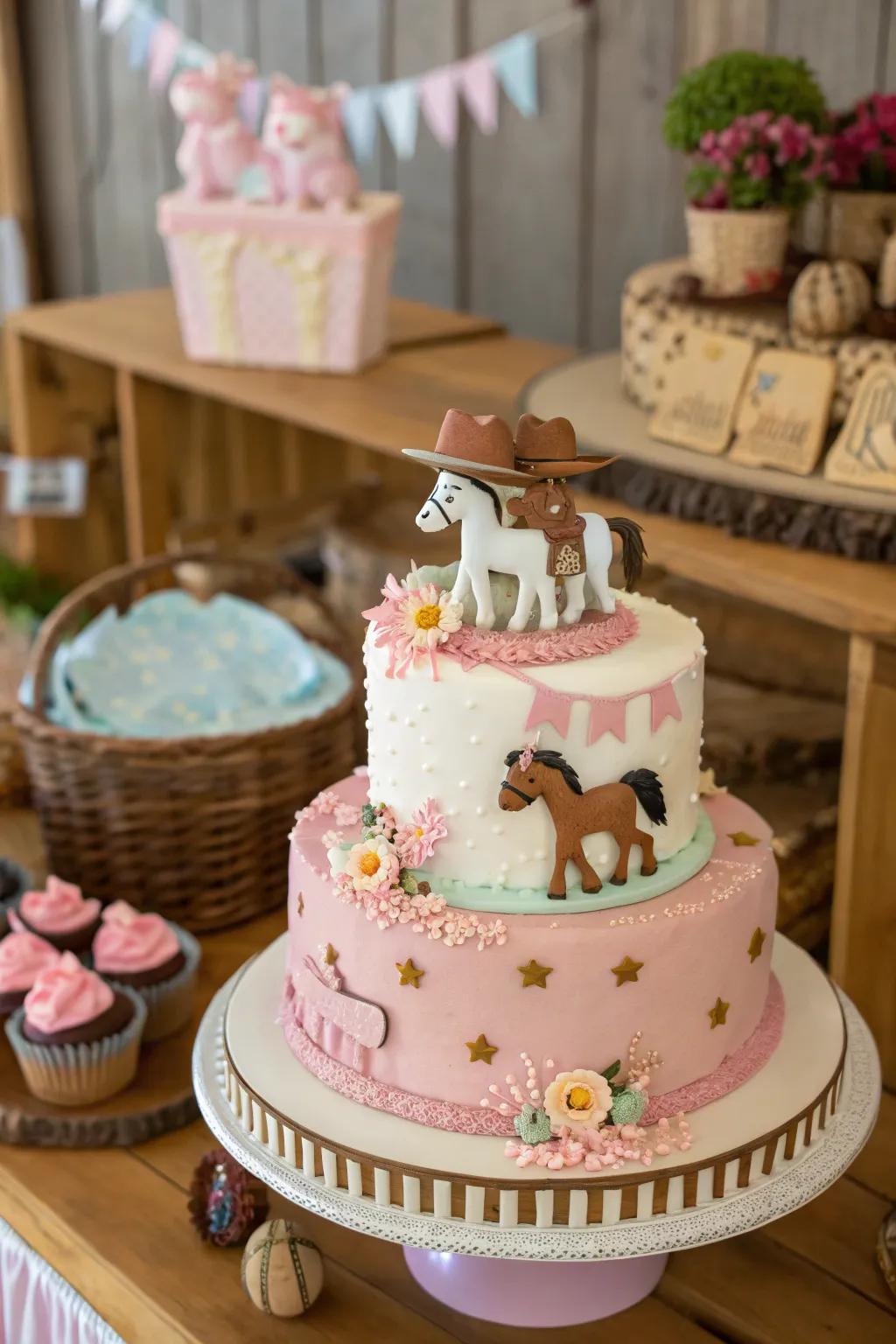 Pony figures injecting a whimsical and joyful note into this cowgirl baby shower cake.