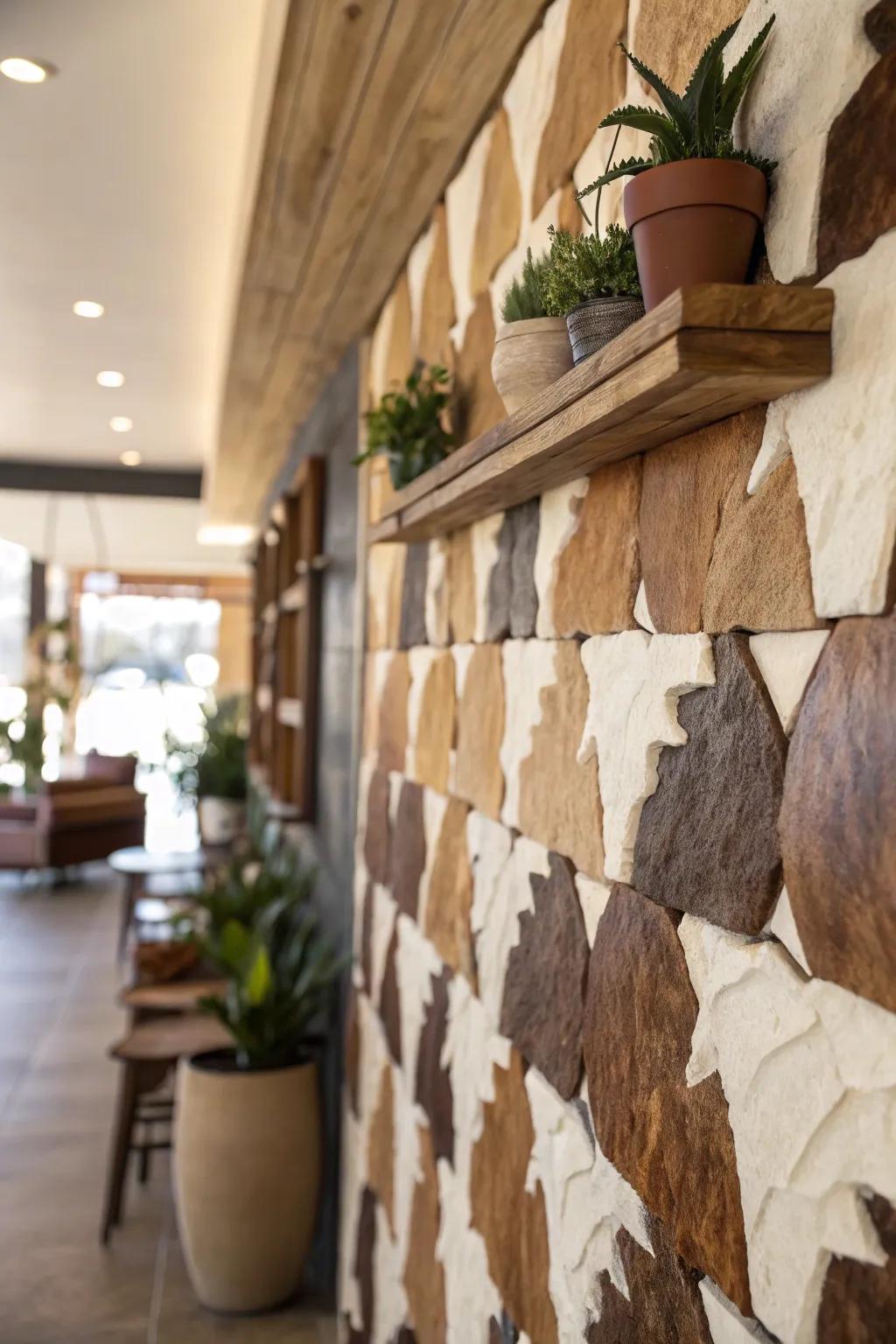 Layered animal hide pieces add depth and intrigue to this wall decor.