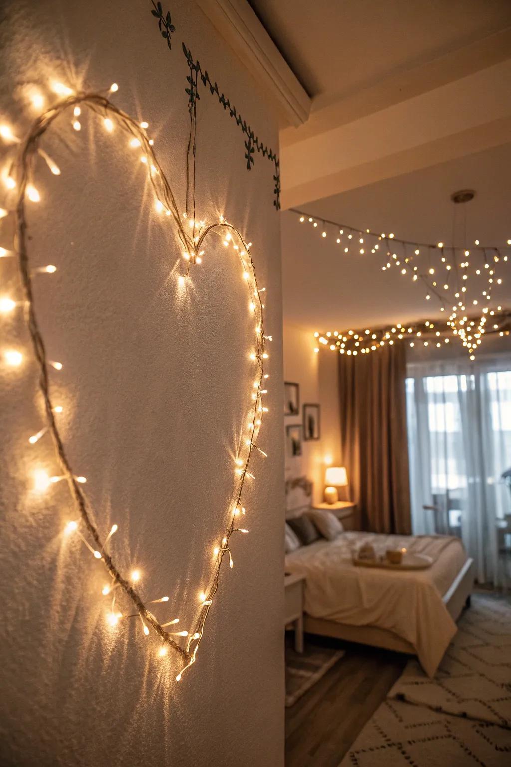 Twinkle lights arranged in a heart shape on a bedroom wall.