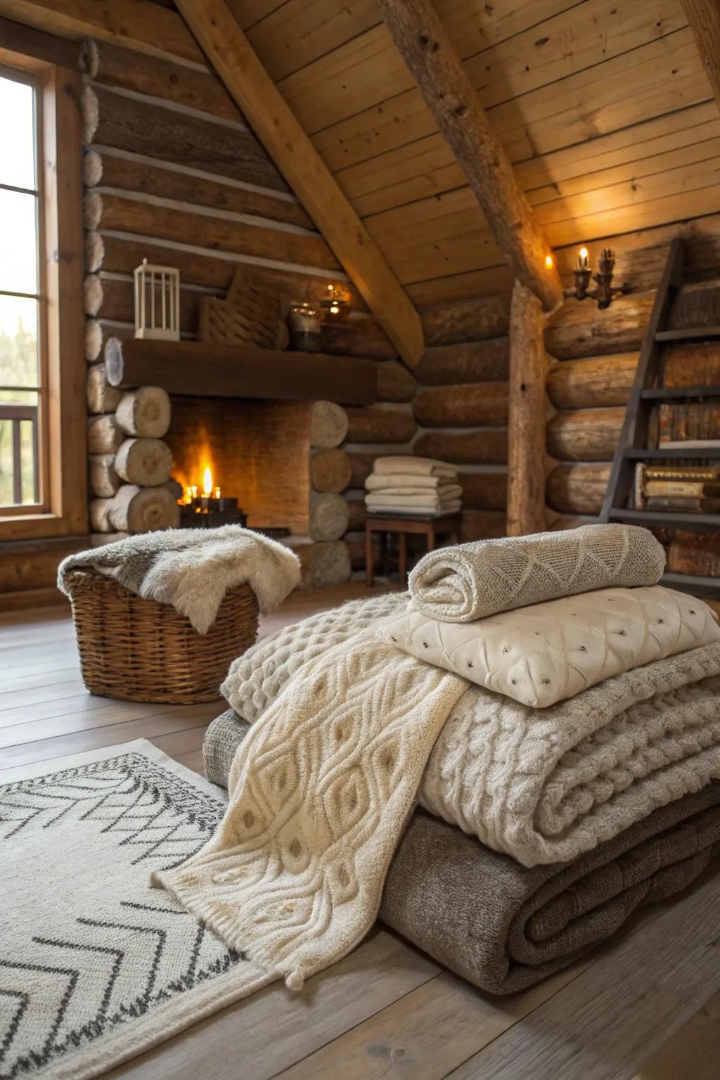 Layered textures enrich depth and warmth to the cabin's interior design.