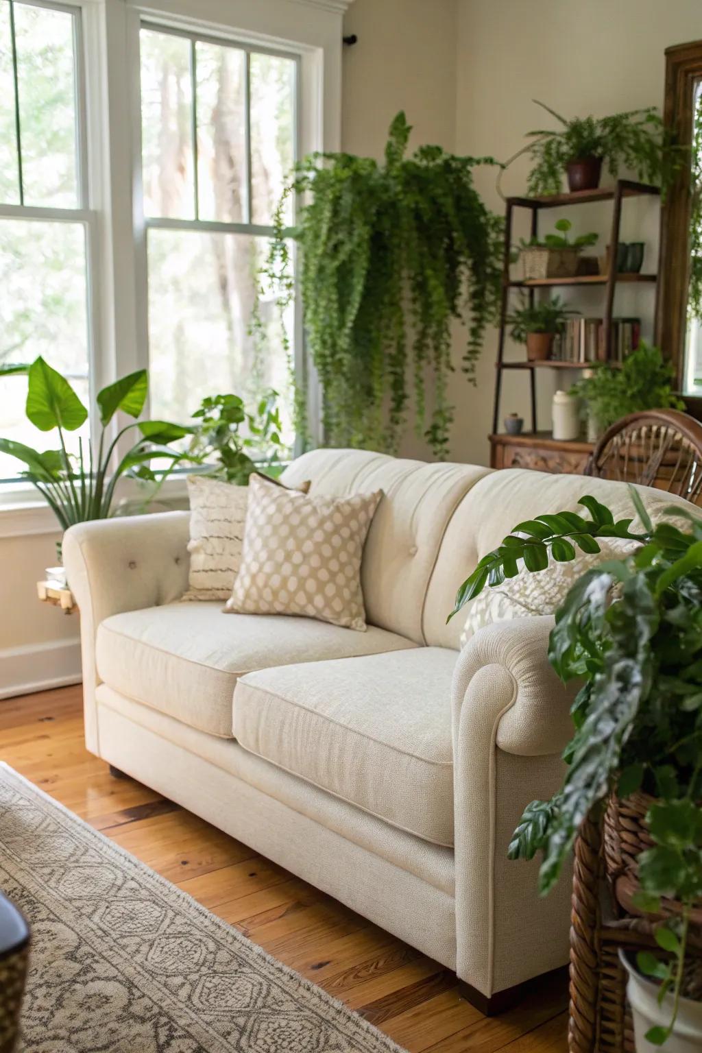 Greenery revitalizes the space, adding a fresh, natural ambiance.