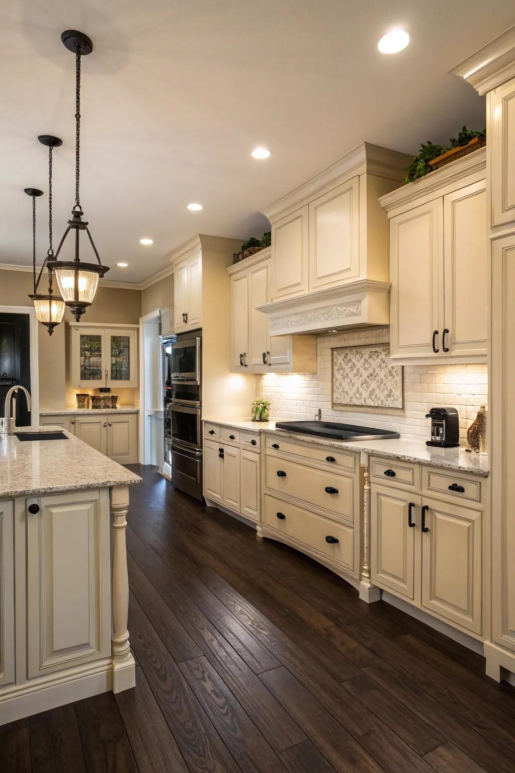 Shadowy undertones enhance cream kitchens.