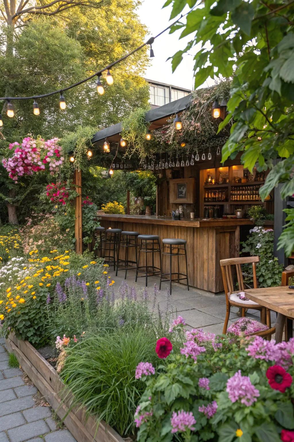 An outdoor bar wonderfully incorporated into the garden.
