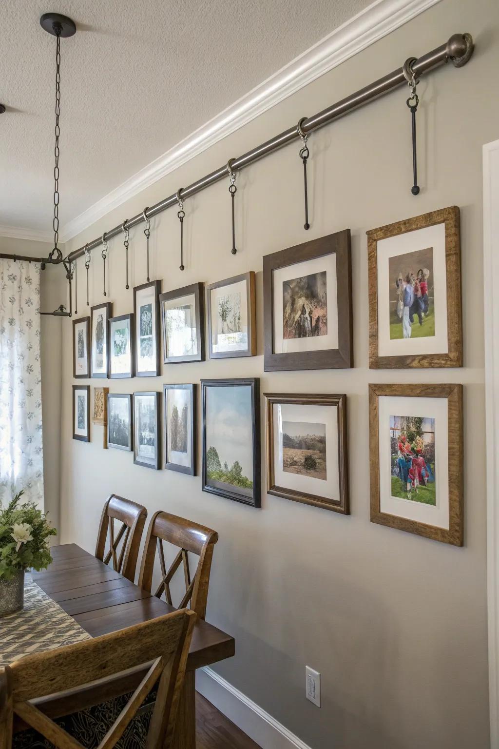 Suspending frames from rods makes a striking vertical layout.