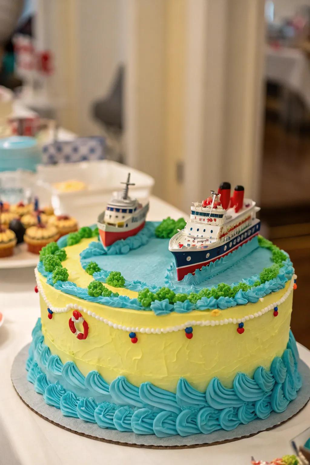 Scaled-down cruise liners introduce a whimsical impression to this cake.