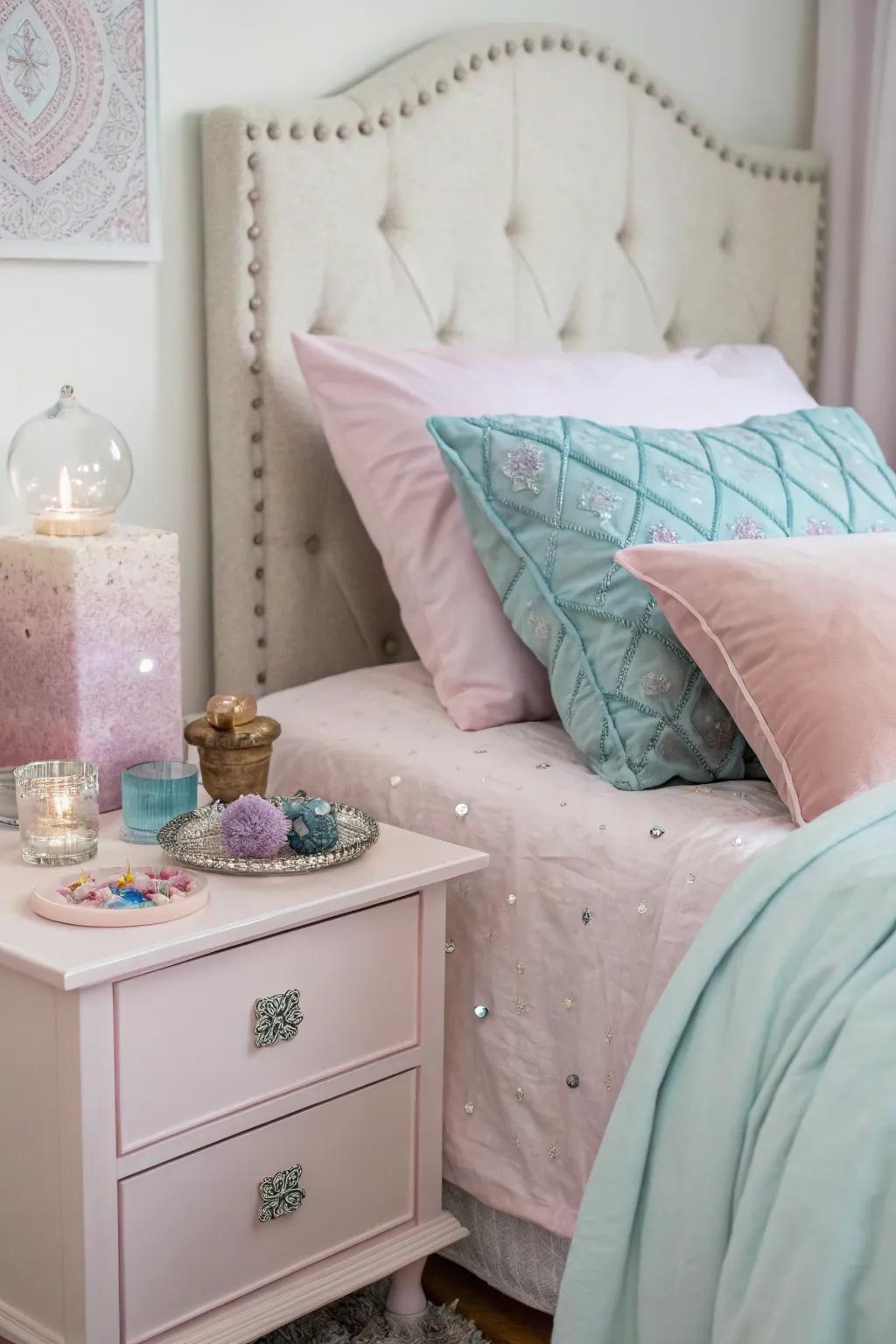 Gentle linens in soft shades deepen the tranquil atmosphere of a crystal-themed chamber.