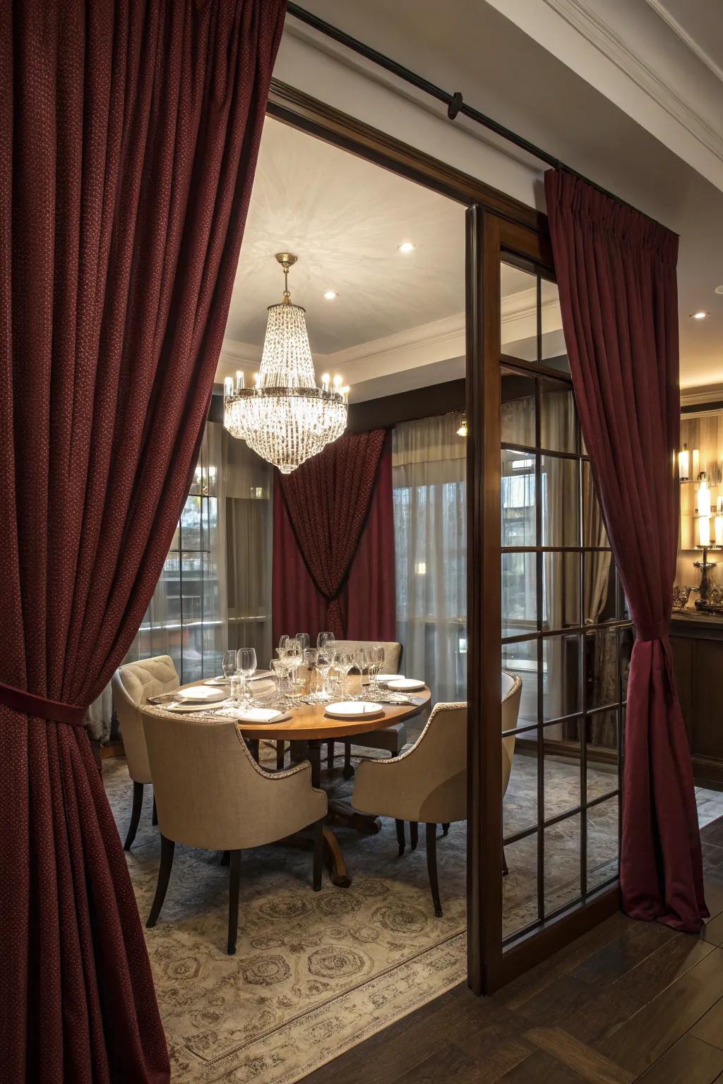 Refined dining space featuring a delineated curtain wall.