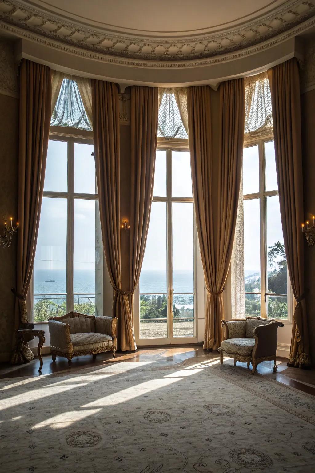 Floor-to-ceiling curtains offer grandeur and style.