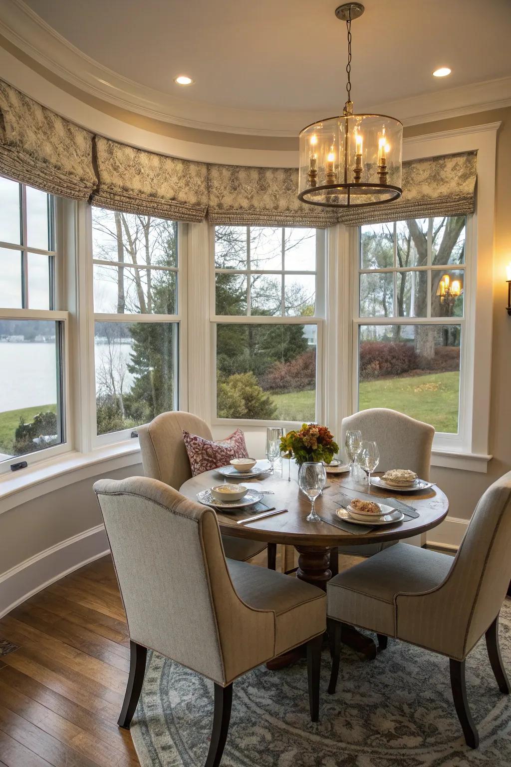 An attractive dining alcove nestled within an arched bay window.