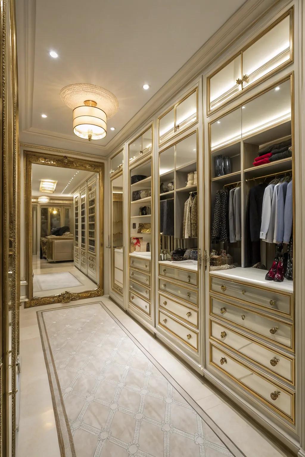 Mirrored walls introduce depth and functionality to your closet.