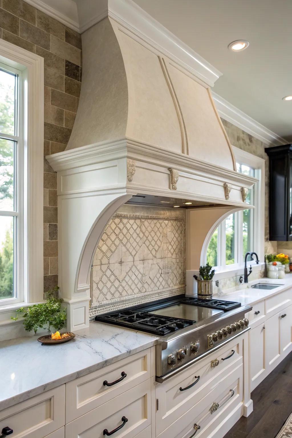 Curved range hoods contribute individuality and visual interest.