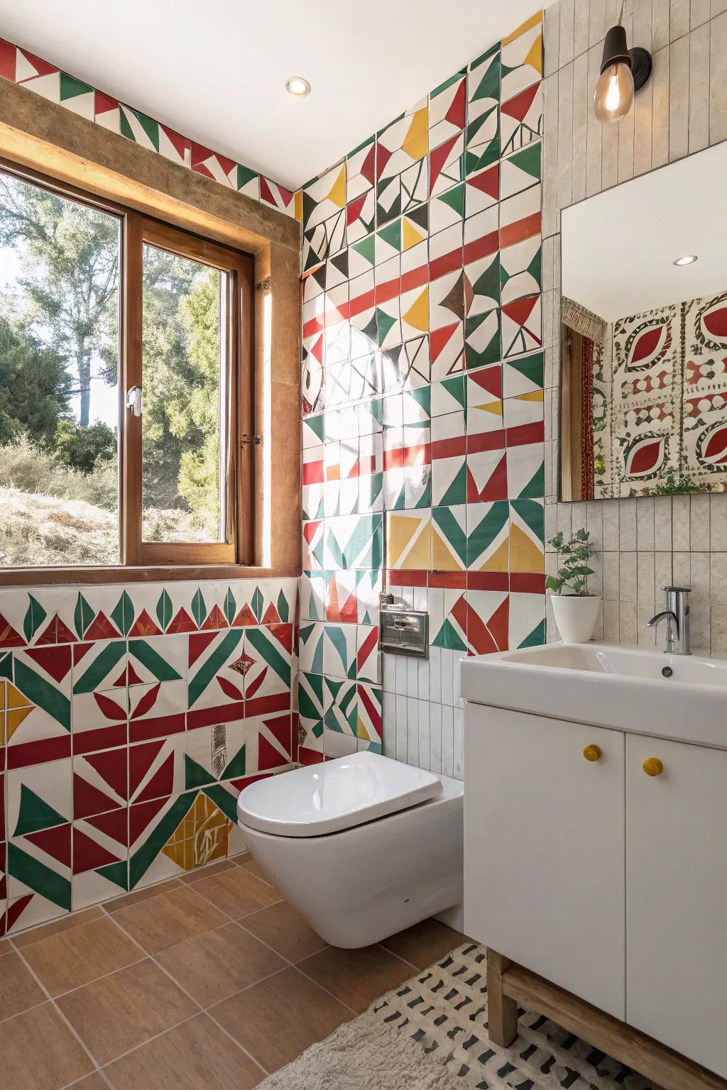 Patterned tiles infuse a creative and striking aesthetic to your bathroom.