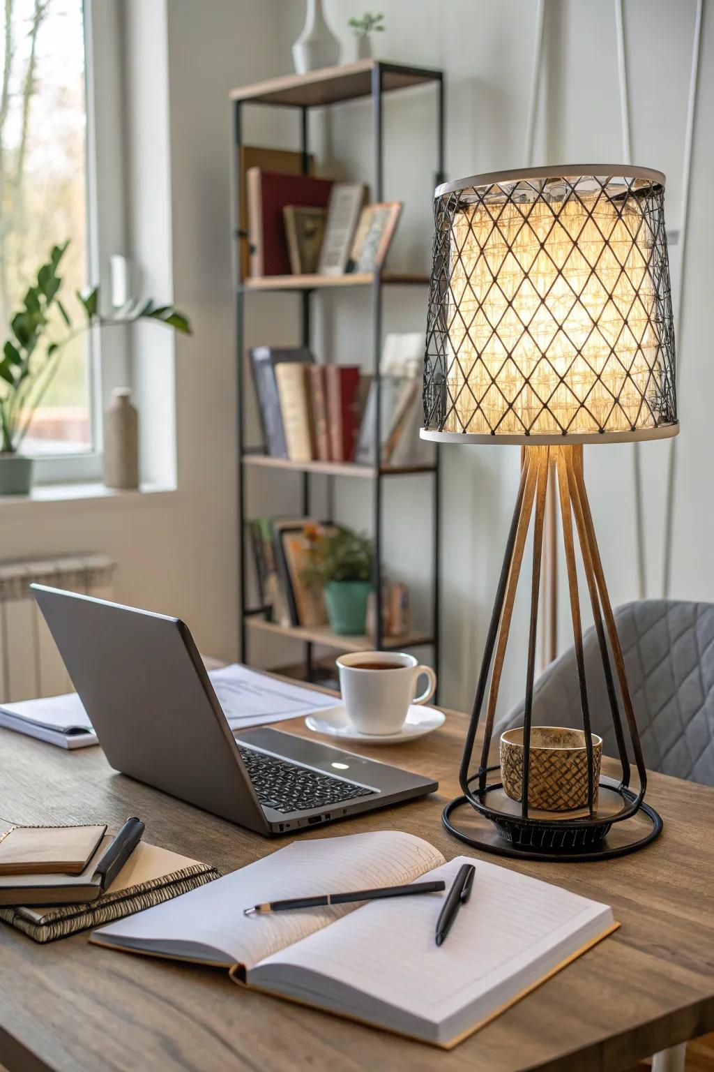 A desk featuring a statement lamp, adding stylish lighting and visual interest.
