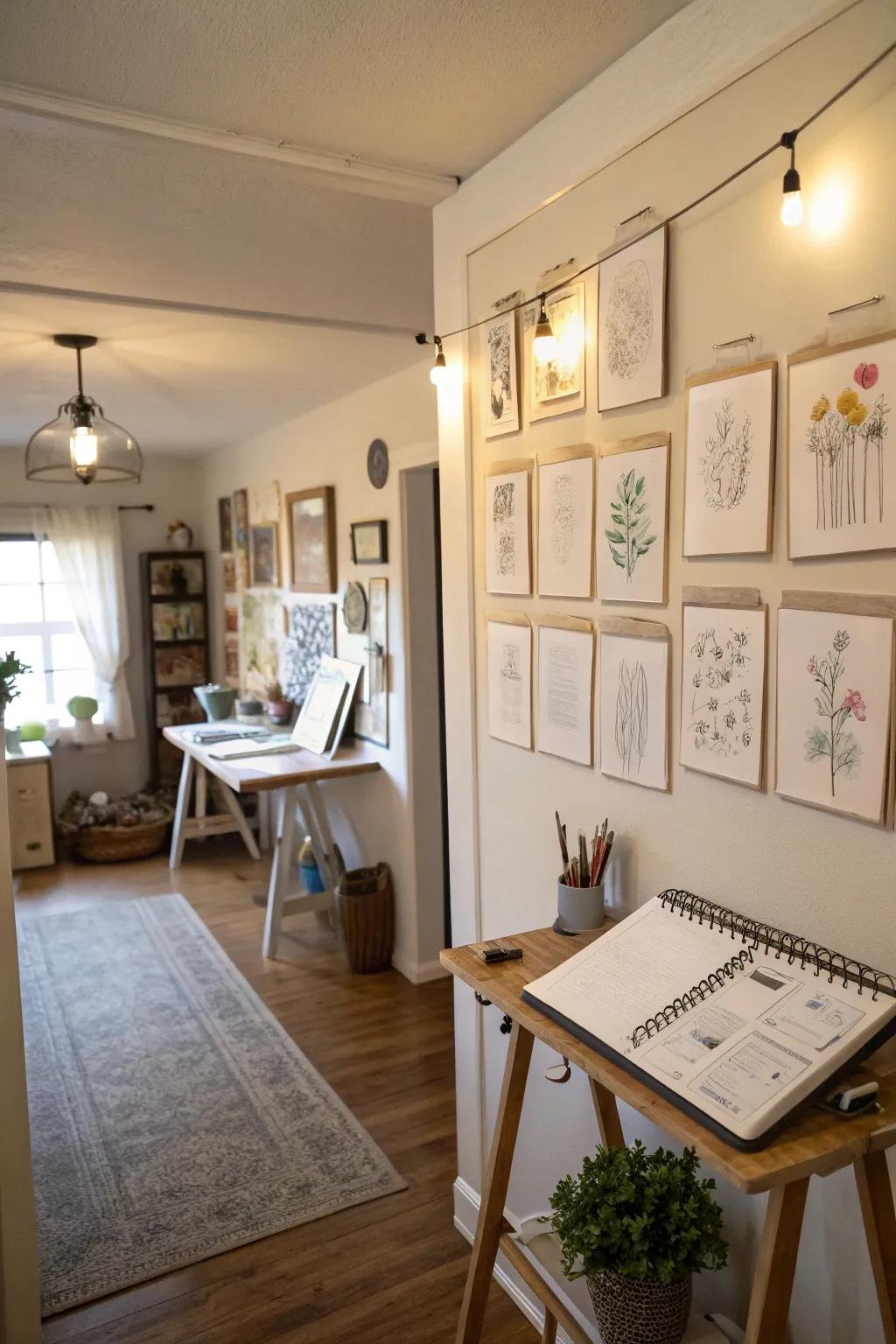A sketchbook showcase brings an artistic vibe to a home workspace.