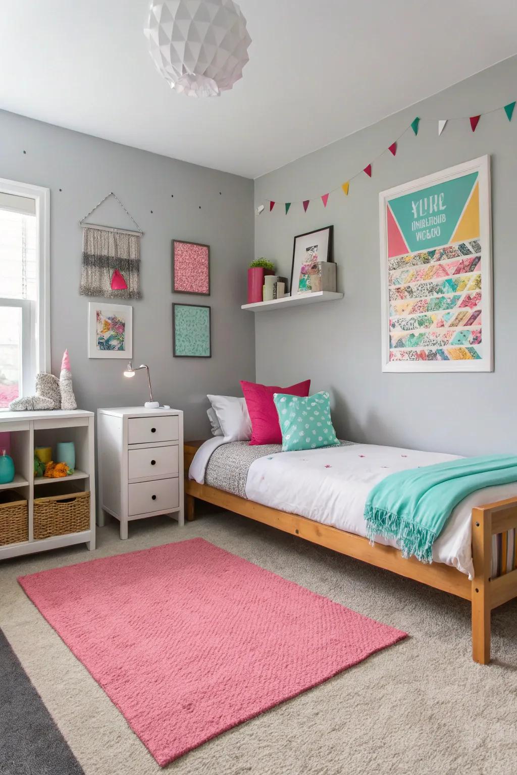 A balanced teen room featuring calm hues and color pops.