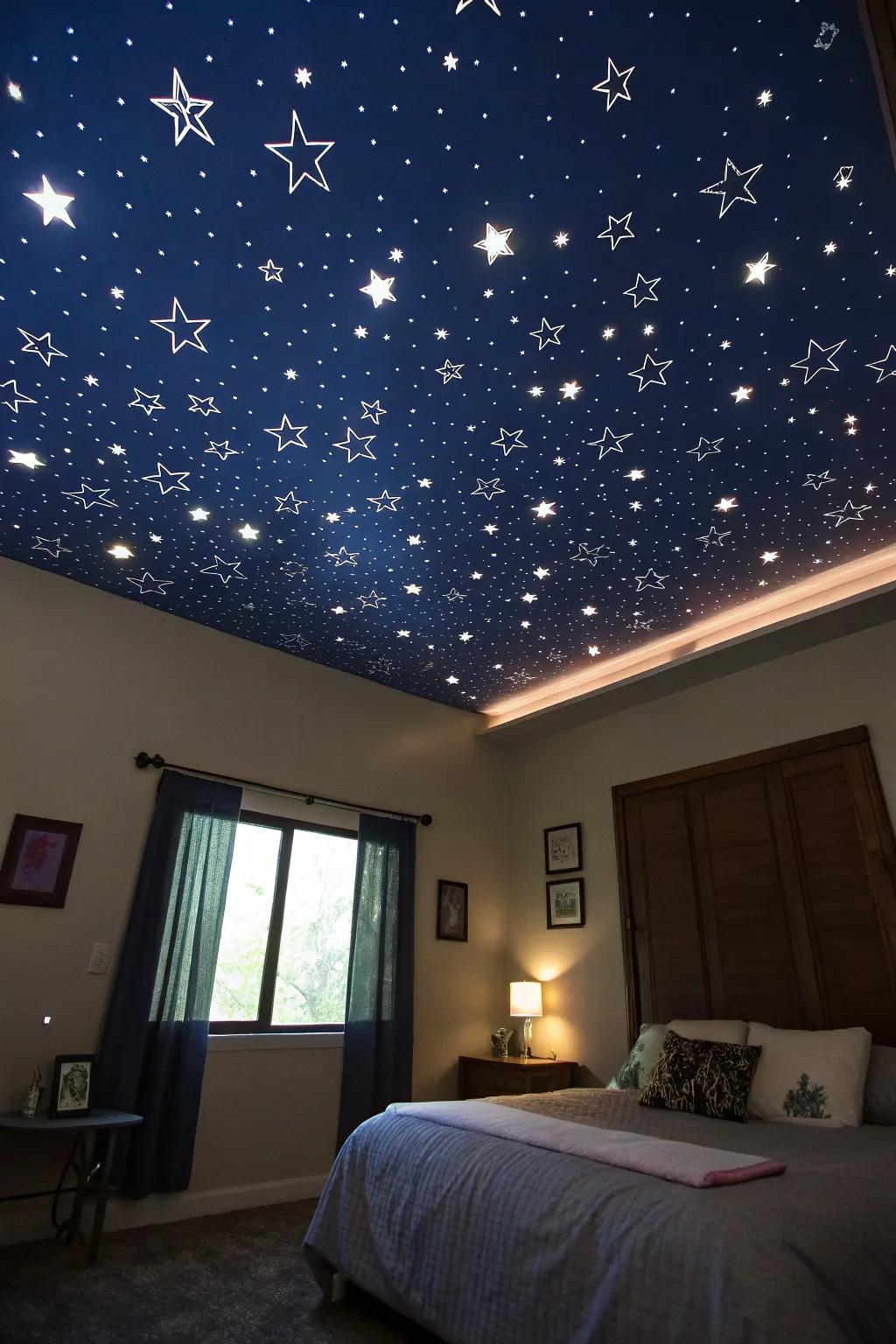 A whimsical celestial night ceiling motif.