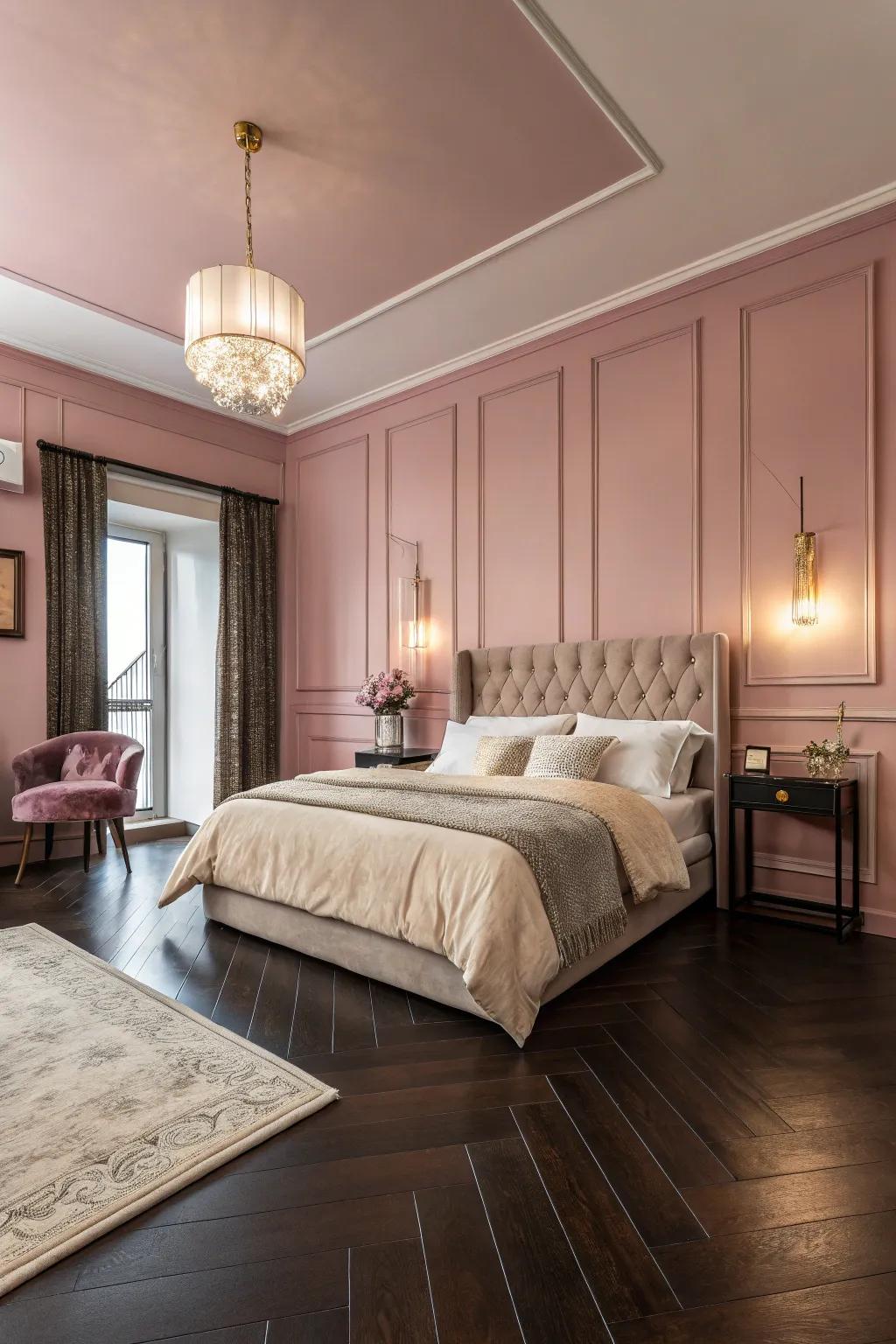 Blush pink walls introduce a romantic and sophisticated element.