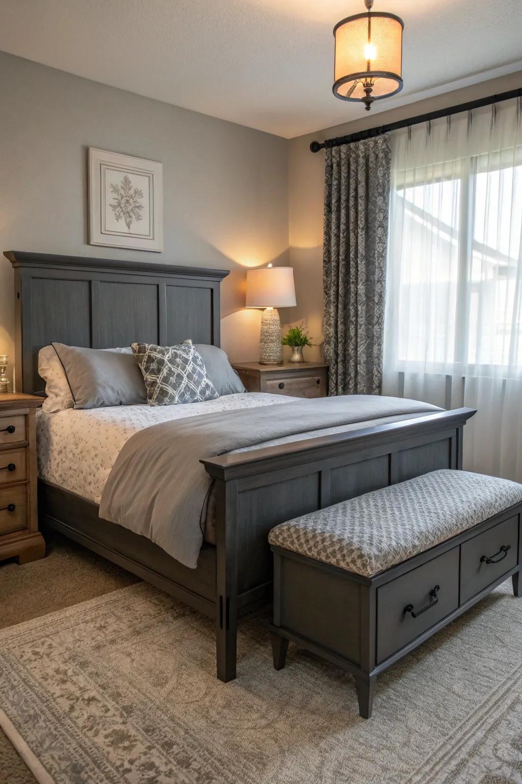 Useful furnishings enhance the shadowy grey bed frame.