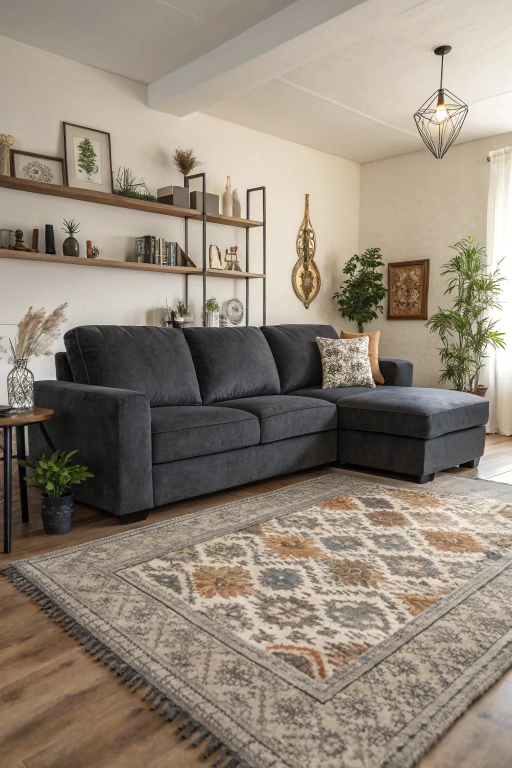 An area rug assists in defining and securing your space.