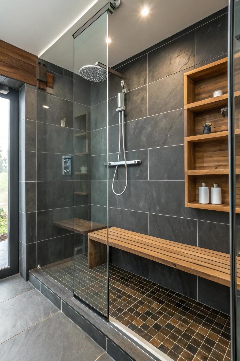 Timber details soften the bold presence of deep charcoal tiles.